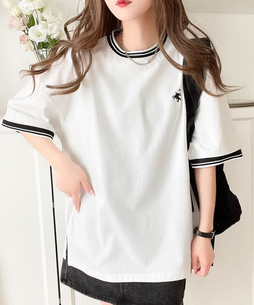 《JaVa ジャバコラボ》大人スポーティー。綿100%シルケット 配色刺繍Tシャツ jv1050074