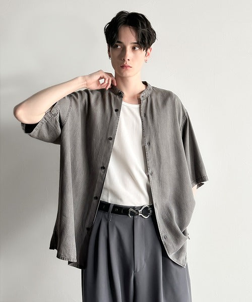 Rayon Denim Band Collar Relaxed Shirt／ヴィンテージ加工ルーズフィットデニムシャツ co1150011