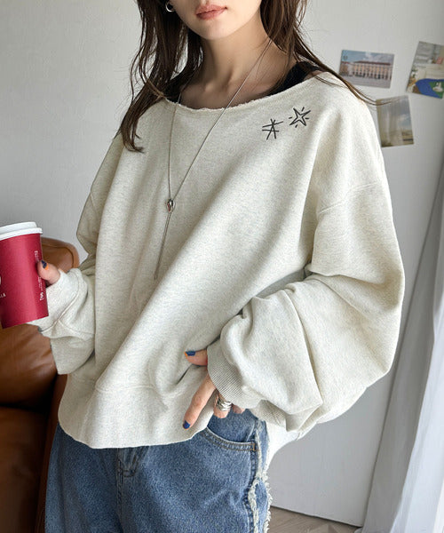 《JaVaジャバ 別注》裏毛素材衿元刺繍＆バックロゴデザイン変形カットオフプルオーバー jv1050253