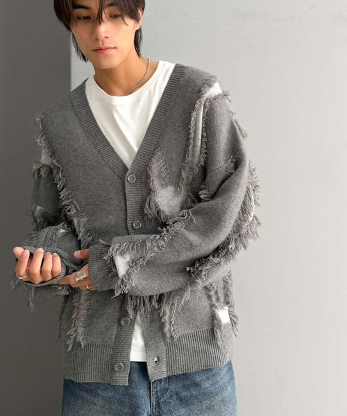 《JaVaジャバコラボ》配色×フリンジ、圧倒的存在感。配色フリンジVネックニットカーディガン jm1260632