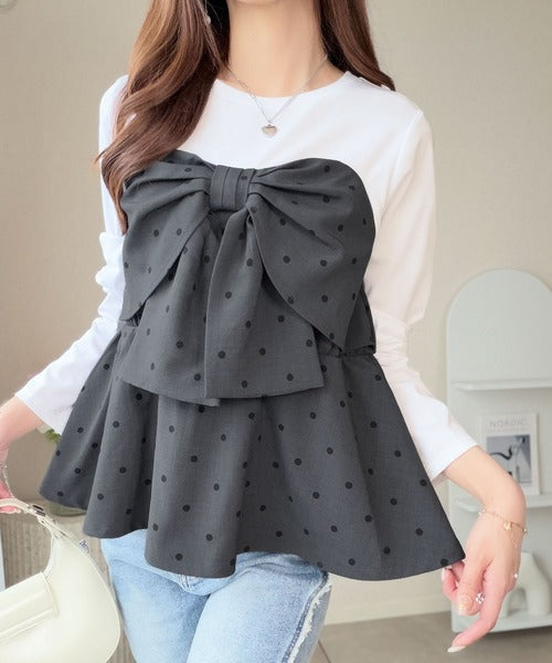 【mily bilet】心ときめく、ビッグリボン♪フロントリボン ドッキング長袖Tシャツ mi1269019