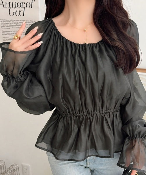 【mily bilet】シアー×ペプラムで、大人可愛く。キャンディスリーブシアーギャザーペプラムブラウス (長袖) (シアー) mi1019163