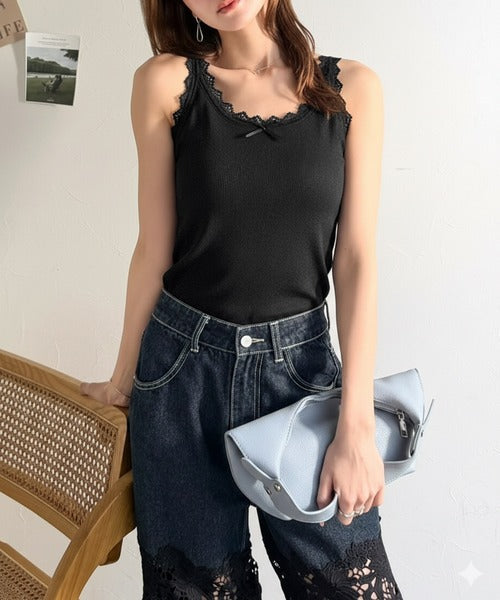 【mily bilet】大人女子の日常に、さりげないスパイスを。 バイカラーテレコレースキャミソール mi1329083