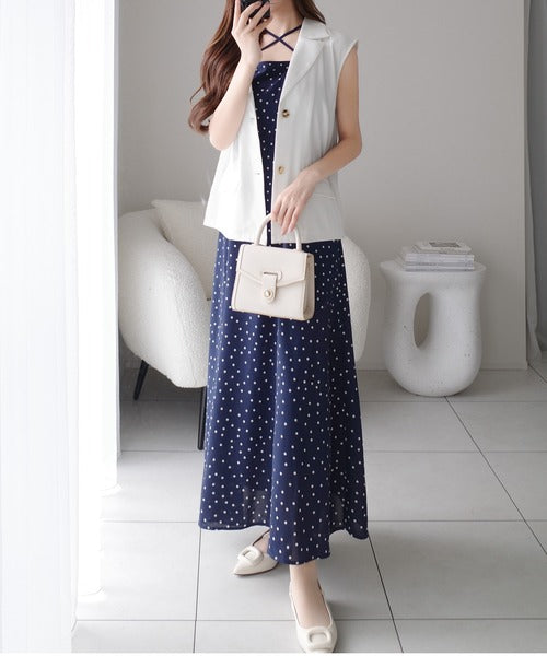 【mily bilet】上品さと抜け感をひとまとめに。ドットキャミワンピプラスノースリジャケットセット（2点セット） mi1139100