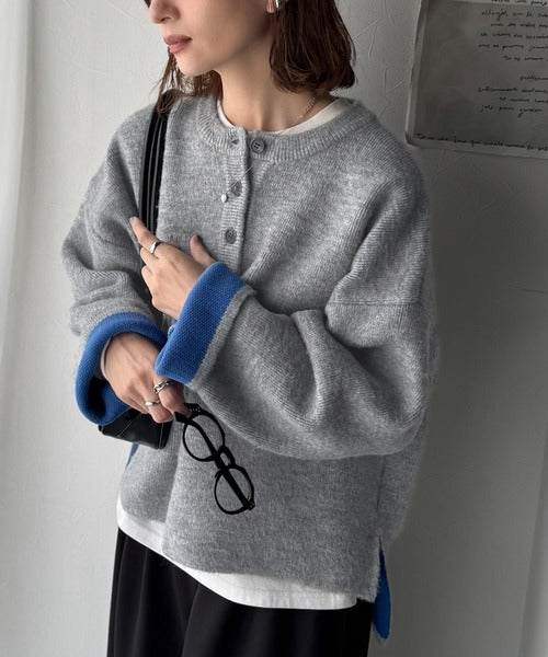 自然な華奢見え。さりげない配色でこなれ感を演出♪ダブルフェイス素材クルーネック配色ニットプルオーバー（長袖） ce1380004