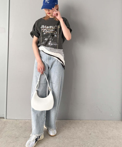 《JaVa ジャバコラボ》トレンド感のある猫モチーフ。綿100％ヴィンテージライクピグメントキャットプリントビッグTシャツ jv1029115
