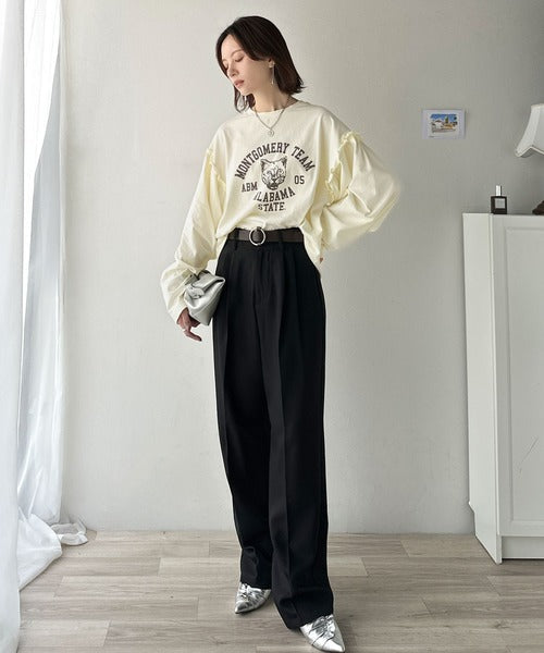 レディなヴィンテージスタイル。綿100％カレッジピグメント袖フリルTシャツ ce1020221