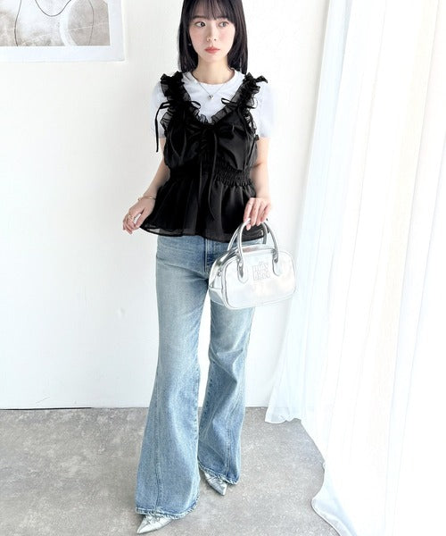 【mily bilet】愛され大人フェミニン。リボン使いフリルオーガンジービスチェキャミソール mi1019072