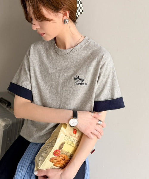 《JaVaジャバコラボ》大人の色魅せ、軽やかに映える。綿100％ 胸刺繍入り 袖配色切り替え Tシャツ（半袖） jv1330106