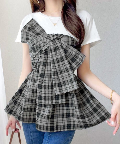 【mily bilet】忙しい朝も悩まない、初夏の一軍トップス。リボンビスチェドッキングTシャツ (半袖) mi1019145