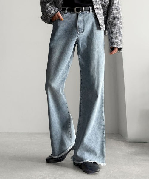 【Classical Origin】「スタイル盛れる。」ブラスト＆裾フリンジ加工ストレッチ素材スリムフレアデニムパンツ／Blasted & Fringed Stretch Slim Flare Denim Pants co0900008