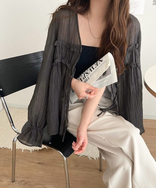 【mily bilet】軽やかガーリー。リボン使いシアー楊柳フリルカーディガン mi1329028