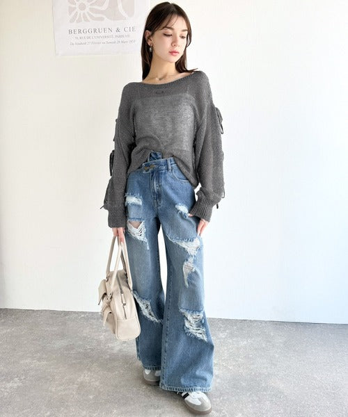 【mily bilet】大人のきらめき。プレートデザイン透かし編み袖リボンラメニット(ワンオフショル2way) mi1259009