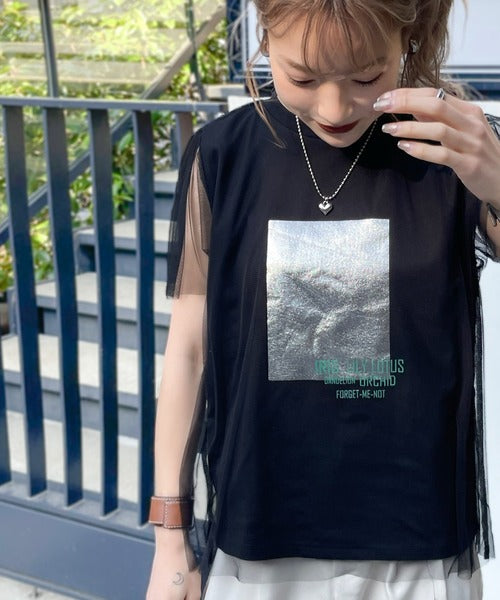 【mily bilet】1枚で上級お洒落style。チュール重ね着風シルバー箔プリントTシャツ mi1149050