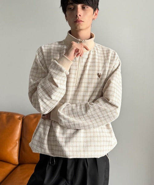 【Classical Origin】「上品カジュアル」。裾ドロスト付きツイード素材ハーフジッププルオーバー（長袖）/Tweed Fabric Drawcord Half-Zip Pullover co1010032