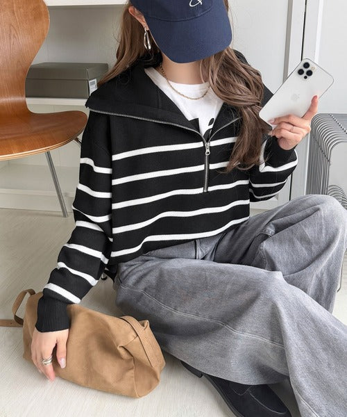 開けて、閉めてお洒落のアレンジ自由自在。ハーフジップオーバーサイズニット（長袖） ce1020372