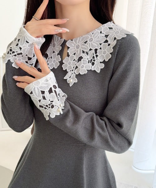 【mily bilet】襟も袖も、ときめく可愛さ。パール使いレースカラーニットミニワンピース(長袖・ひざ上丈) mi1139125