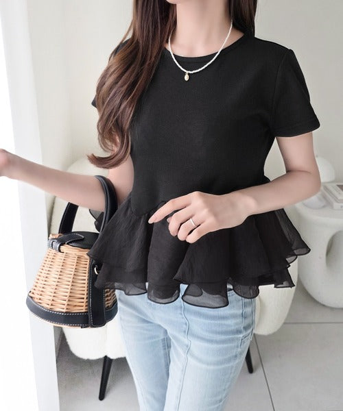 【mily bilet】可憐に揺れて、ときめきを纏う♪前後2wayペプラム切替フリルデザインTシャツ（半袖） mi1019140