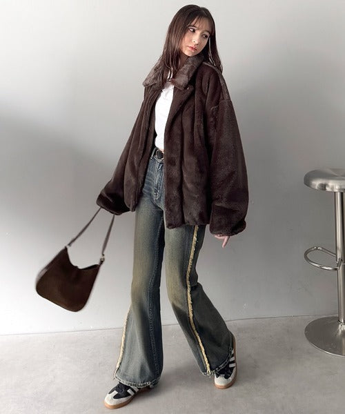 【Classical Origin】「3wayアレンジ可能。」ベルト襟フェイクファー素材ジャケット／Belted Collar Faux Fur Jacket co1150080