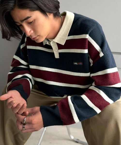 《JaVaジャバコラボ》1枚で洗練された大人の余裕を演出。配色ボーダー柄ポロ襟スウェットライクニット（長袖） jo1250006