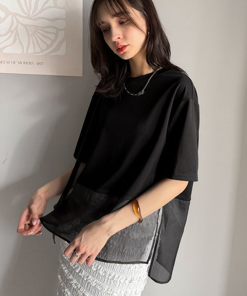 春夏に涼しさ引き立てる透け感が◎裾シアー切り替えライトダンボール半袖Tシャツ ce1110116