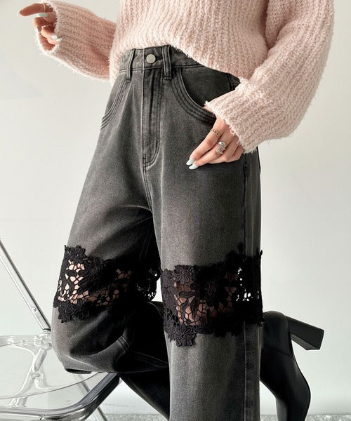 【mily bilet】特別な個性を持つオンリーワンの仕上がり！花柄レースワイドデニムパンツ mi1139076
