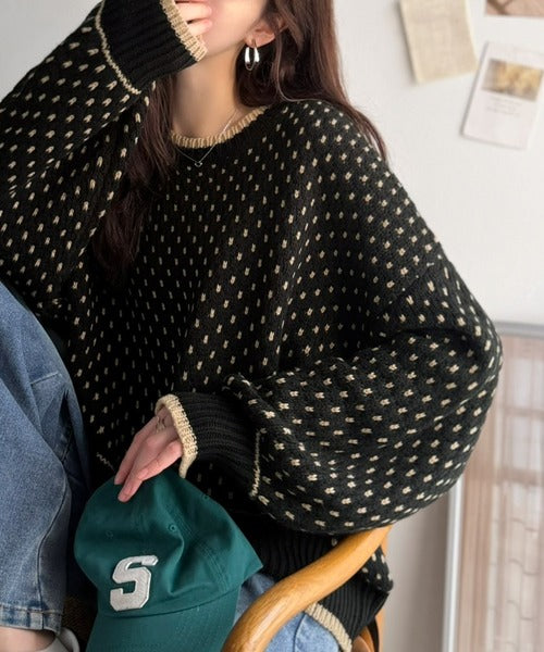 ゆるっと可愛く、ちょっとレトロな存在感。体型カバーも叶う♪ドットライクジャガードレトロニットプルオーバー ce1420005