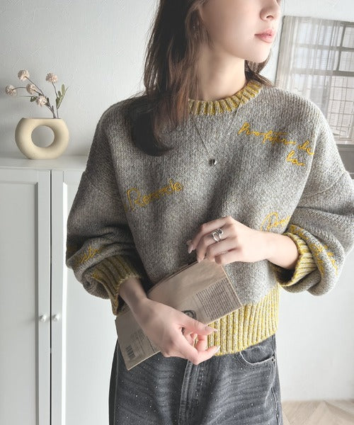 【mily bilet】大人の個性派ニット。ランダム刺繍クロップドニットプルオーバー mi1029088