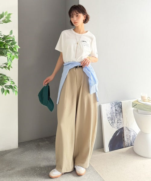 【UVカット・接触冷感機能付き】バレルシルエットでスッキリと、大胆に。ビンテージワッシャー加工 リネンライクタックボリュームパンツ ce0940260