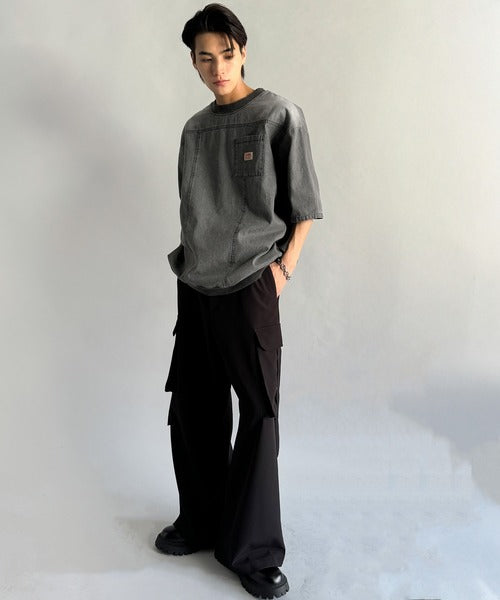 《JaVaジャバコラボ》綿100％ヴィンテージ加工アウターデニムTシャツ jo1010007