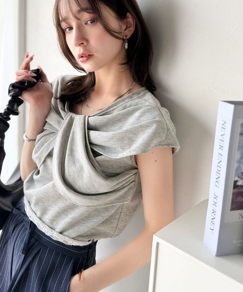 ”きれいめラフ”にこれ一択♪胸元ツイストリボンデザインTシャツ（半袖） ce1110121