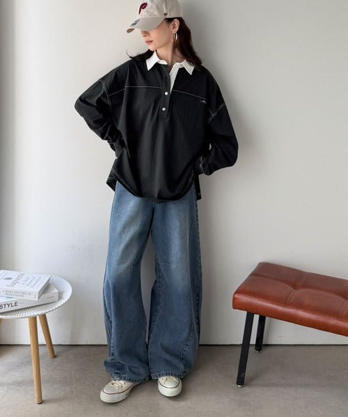 《JaVaジャバ コラボ》シンプルスタイルを格上げ。綿100%配色ステッチオーバーサイズラガーシャツ（長袖） jv1050385