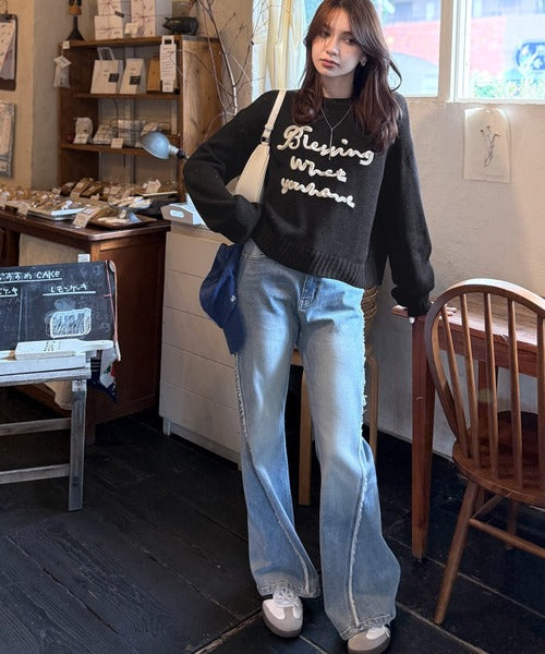 【mily bilet】デイリースタイルを華やかに彩る。コード刺繍ネップニットプルオーバー mi1359018