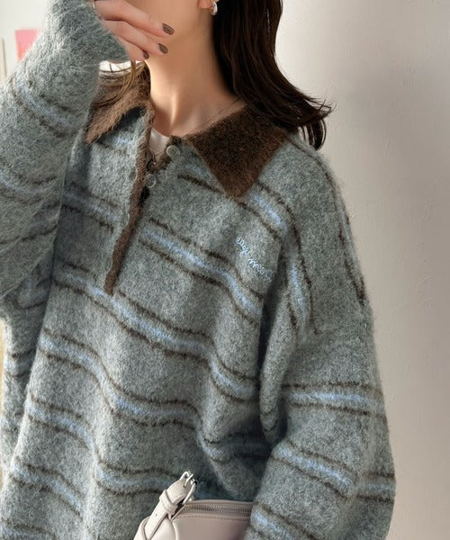 メンズライクに女子っぽさを。胸刺繍ブークレ配色ボーダーニットポロ（長袖） ce1240142