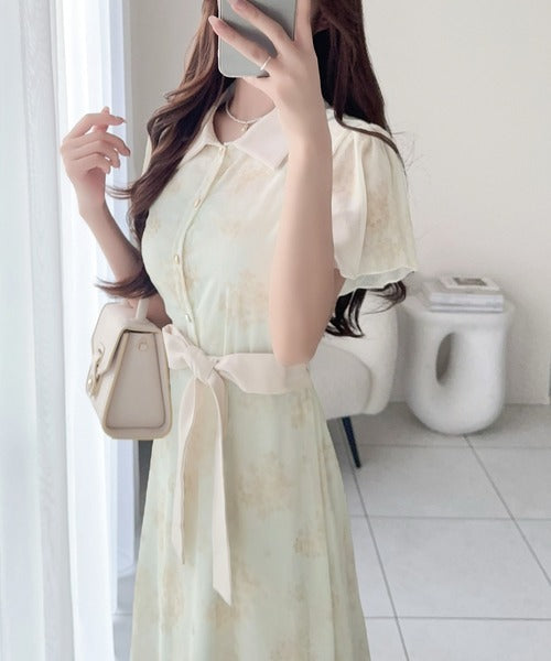 【mily bilet】夏を涼む相棒ワンピ♪水彩フラワーが上品。シアーフローラル バックリボンワンピース (長袖) (ロング) mi1139101