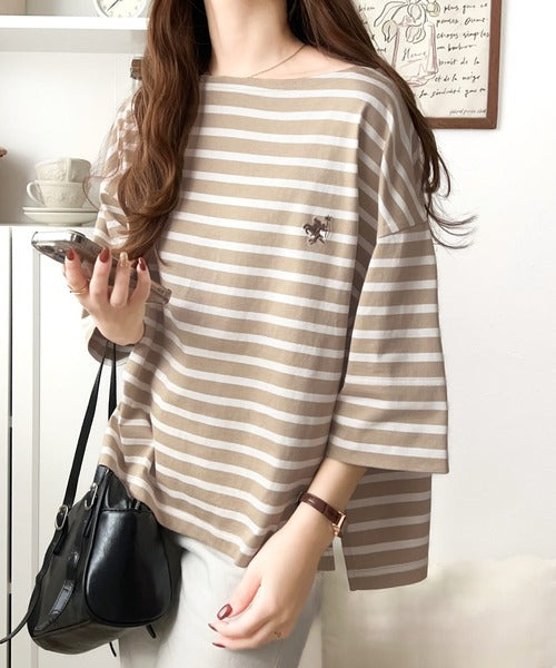 【sustaina+】ラフにキマる大人スタイル。オーガニックコットン100%オーバーサイズパネルボーダーTシャツ(半袖) ce1260324
