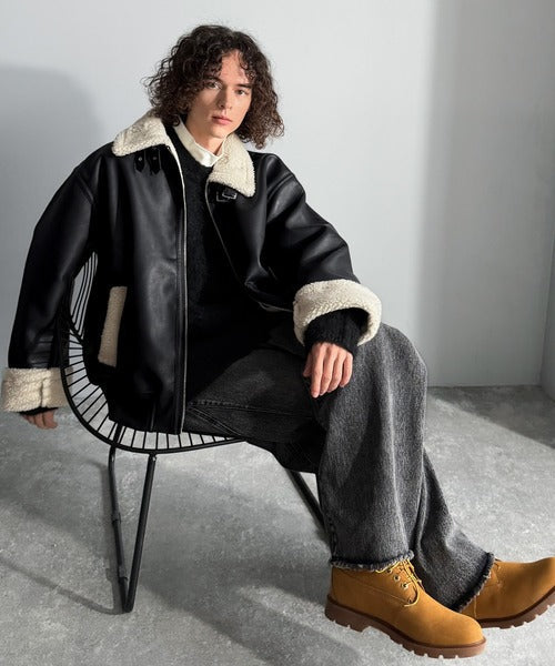 【Classical Origin】「ずっしりかっこいい。」2way襟ボア切り替えフェイクレザージャケット／2way Boa Collar Faux Leather Jacket co1150081