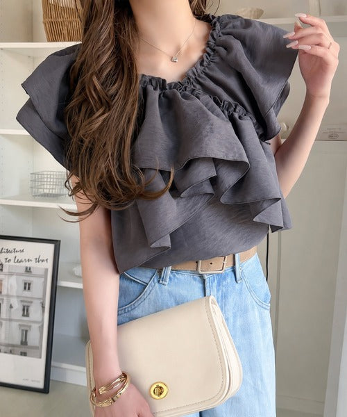 【mily bilet】ひらり、涼しげ。品ある甘さふわっと香る♪前後2wayノースリーブカシュクールブラウス mi1019151