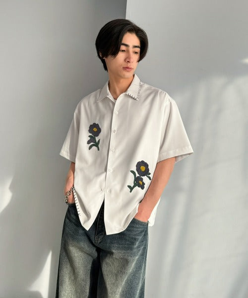 【接触冷感機能付き】サガラ刺繍フラワーステッチシャツ／Cool-Touch Fabric Sagara Embroidered Flower Stitch Shirt (半袖) co1320019