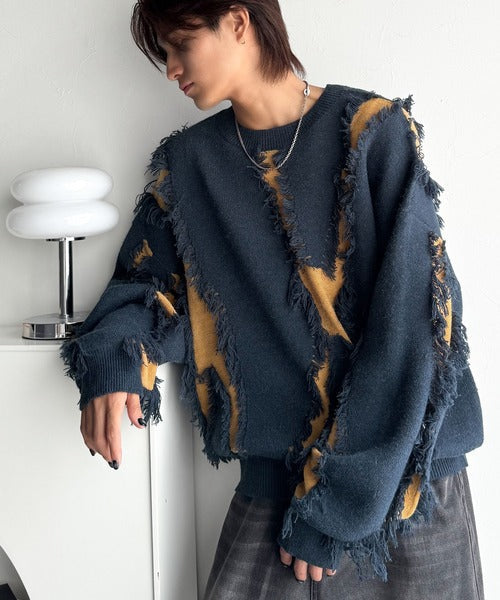 【classical origin】「着るだけで、印象派」。フリンジデザイン配色オーバーサイズニット（長袖）/Fringe design oversized long sleeve knit ao1260444