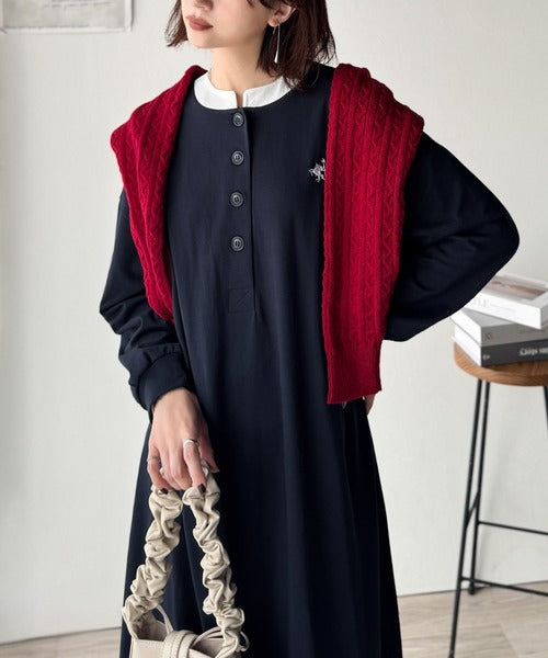 大人リラクシーで抜け感を。胸刺繍配色デザインヘンリーネックロングワンピース（長袖） ce1020323