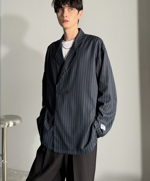 【Classical Origin】「さっと羽織れる。」ストライプ柄ドレープテーラードシャツジャケット／Relaxed Draped Tailored Stripes Shirt Jacket co1150041