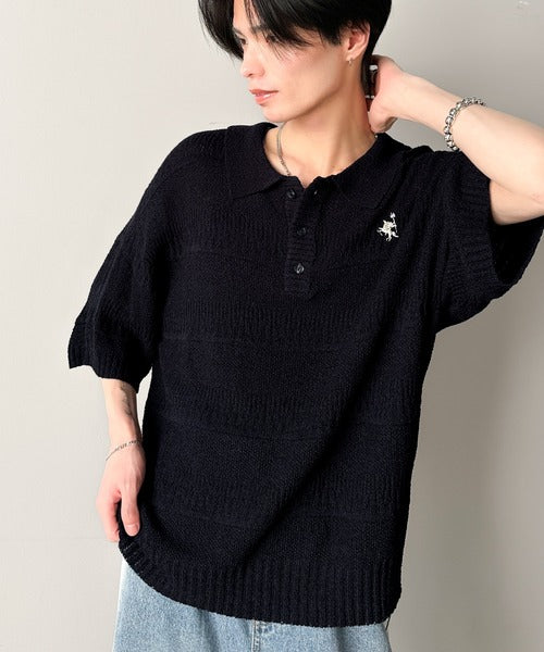 一枚で大人のラフスタイルが決まる。ワンポイント刺繍ブークレポロニットトップス(半袖) cm1260392