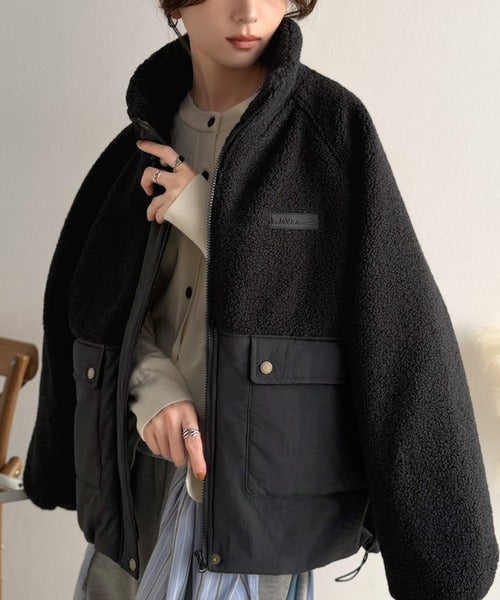 《JaVaジャバコラボ》暖かく包み込む、私のもこもこちゃん♪異素材MIXボア×ナイロン切替スタンドカラージャケット jv1240139