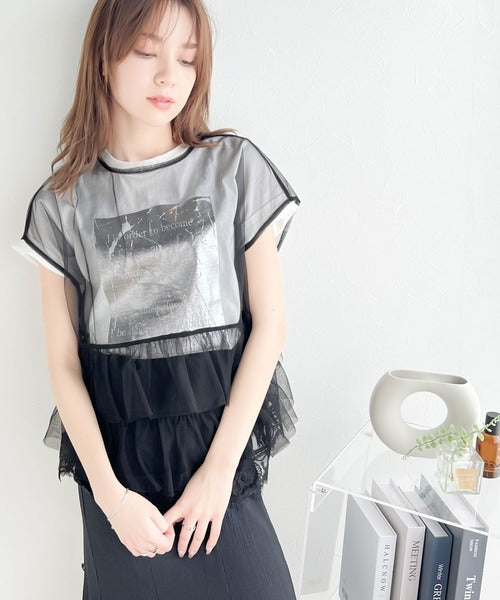 【mily bilet】一点投入でモードなおしゃれ感が漂う。綿100%箔プリントTシャツ mi1149053