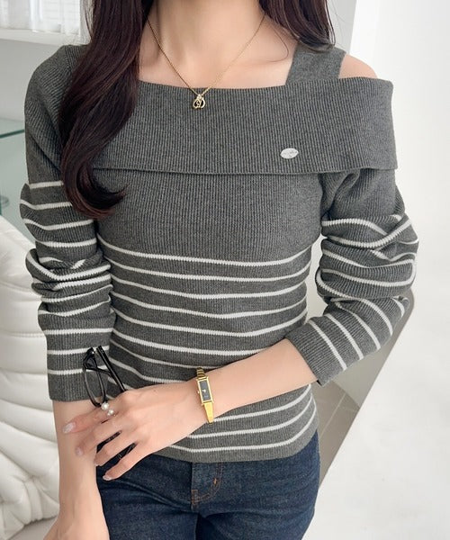 【mily bilet】抜け感たっぷり大人の肌見せ。ワンオフショルアクセントボタンボーダーニット(長袖) mi1259019