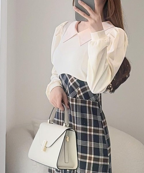 【mily bilet】愛され要素がぎゅっと盛り♪シャツ襟チェックアシメフリルドッキングロングワンピース（長袖） mi1139088