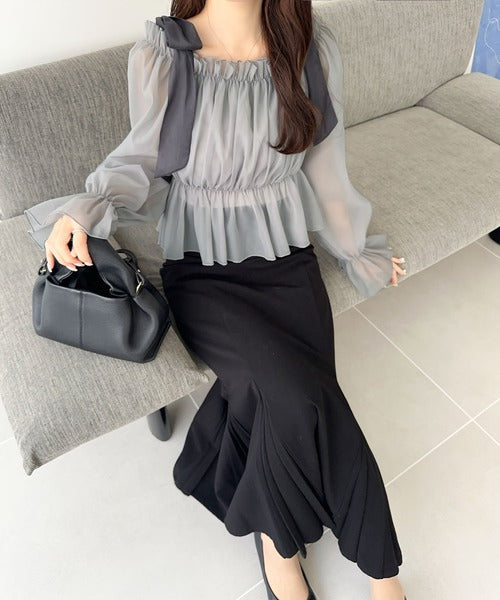 【mily bilet】大人愛され甘め主役級トップス。肩リボンオフショル２WAYオーガンジーブラウス(長袖) mi1359008