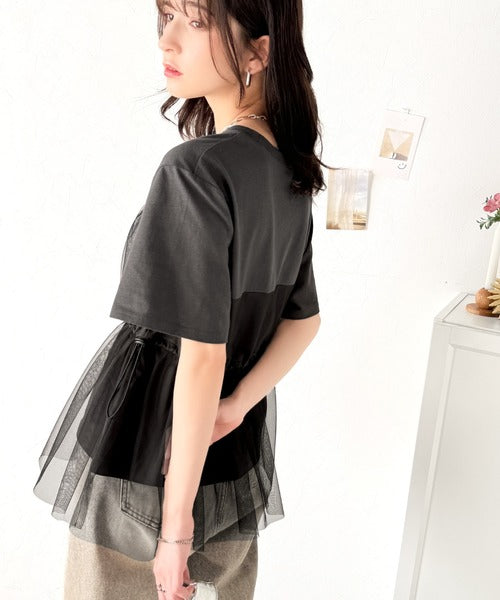 1枚で主役級！綿100%Tシャツ+チュールドッキングドロスト使いトップス(半袖） ce1260379