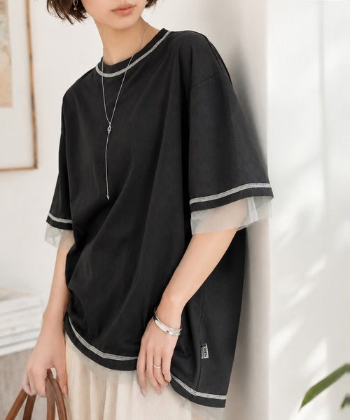 《JaVa ジャバコラボ》異素材ミックスで魅せる、大人のこなれ感。チュールドッキング配色ステッチトップス（半袖） jv1330094
